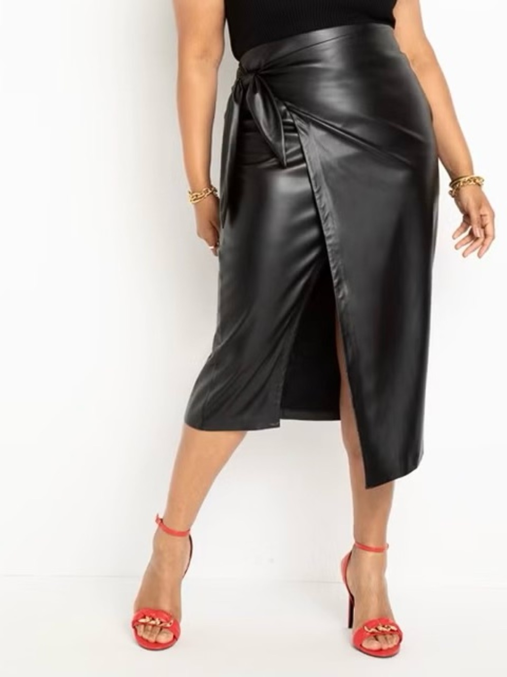 NEW $99 Size 18 Eloquii Black Wrap Front Faux Leather Waist Tie Slit Midi Skirt